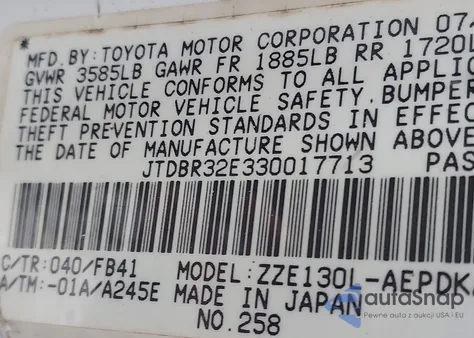 2003 Toyota Corolla Ce from USA, damaged, VIN JTDBR32E330017713